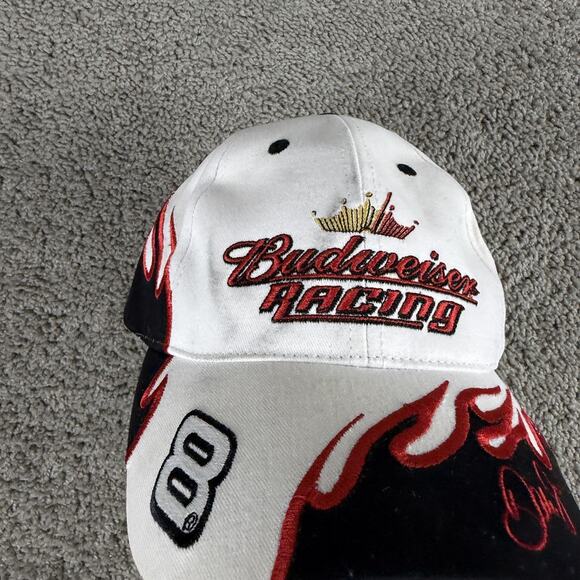 Budweiser Racing Hat Cap Strap Back Mens White NASCAR Racing Flames Dale Jr 8 - Picture 3 of 10